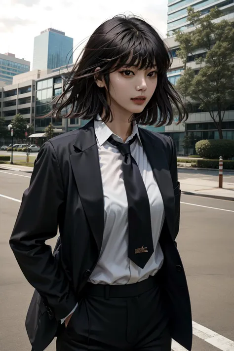 (masterpiece, best quality:1.2), intricate details, <lyco:GoodHands-beta2:1>, <lora:han_sooyoung-000012:1>, han sooyoung, 1girl, black suit, formal, shirt, pants, bangs, long sleeves, necktie, outdoors, solo