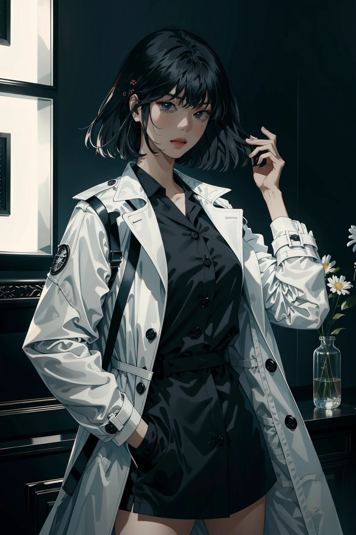 (masterpiece, best quality:1.2), intricate details, <lyco:GoodHands-beta2:1>, <lora:han_sooyoung-000012:1>, han sooyoung, 1girl, bangs, white coat, black shirt, long sleeves
