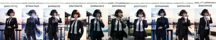 (masterpiece, best quality:1.2), intricate details, <lyco:GoodHands-beta2:1>, <lora:han_sooyoung-000012:1>, han sooyoung, 1girl, black suit, formal, shirt, pants, bangs, long sleeves, necktie, outdoors, solo