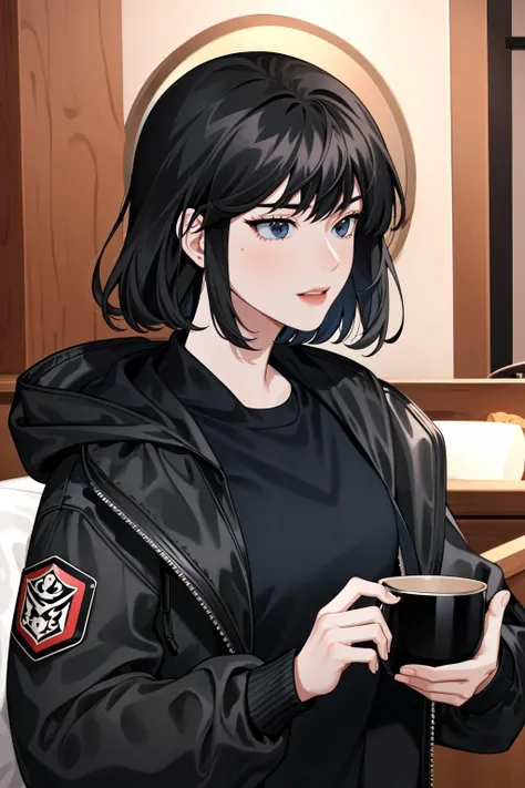 (masterpiece, best quality:1.2), intricate details, <lyco:GoodHands-beta2:1>, <lora:han_sooyoung-000012:1>, han sooyoung, 1girl, bangs, black jacket, hood, hoodie, black shirt, long sleeves