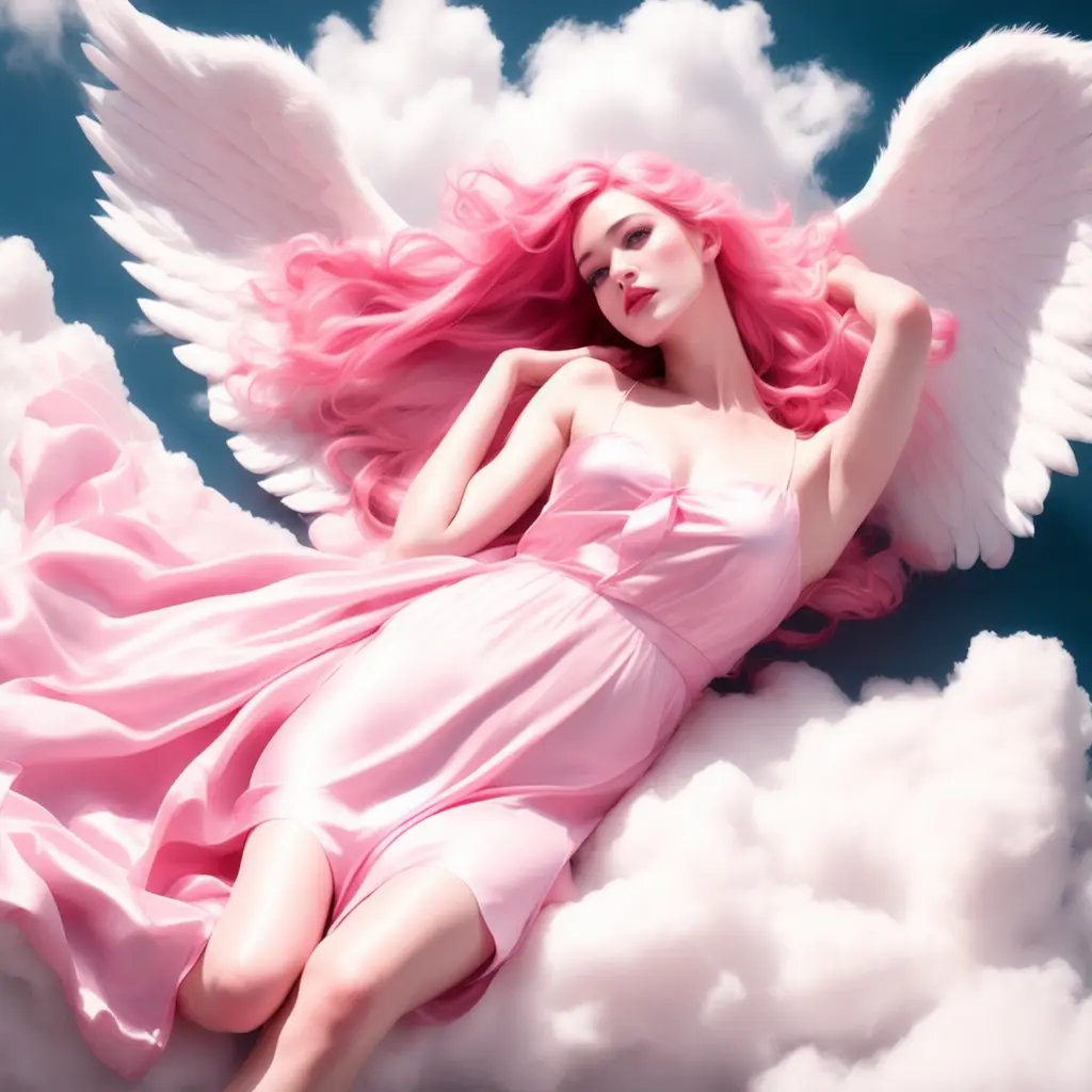 photo, a beautiful woman with pink hair and angel wings wearing a silk dress laying on a cloud (PinkAngel style:1) <lora:djzPinkAngelV21:1>
