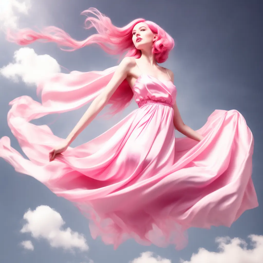 photo, a beautiful woman with pink hair, wearing a silk dress floating in the air (PinkAngel style:1) <lora:djzPinkAngelV21:1>