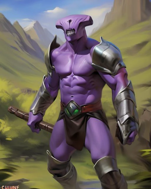 faceless void, armor, standing <lyco:void64d64c9534lokr-step00001000:1>  purple body, outside, by chunie