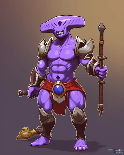 (faceless void:1.1), standing, muscular male, armor, holding weapon, <lyco:void64d64c9534lokr-step00000750:.8>  purple body, by frumples