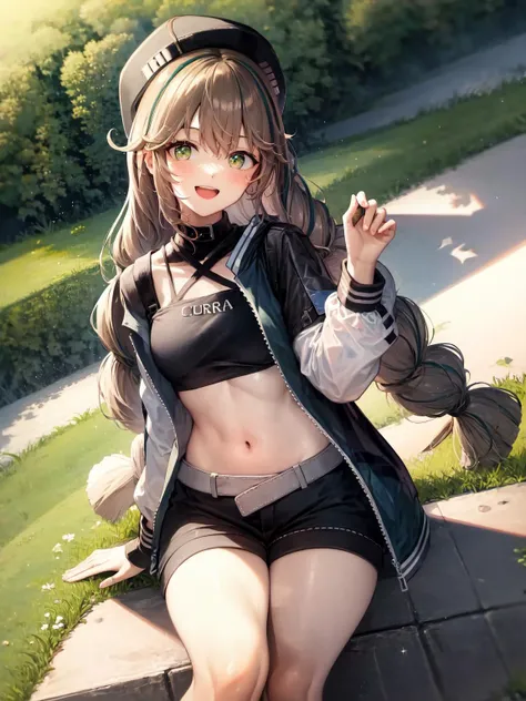 masterpiece, best quality, <lora:cuo3-5:1>, cuora, smile_face, open_mouth, solo, hand up, outdoors,