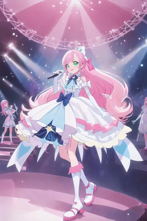 masterpiece, extremely detailed background, 1girl, solo, on the stage, singing, posing, pink and white dress with dark blue inner slip skirt, white gloves, light blue ribbon, pink and white boots, green eyes, pink long hair, smile, Cure Prism <lora:Cure Prism XL V1-000005:0.65> , <lora:SimplePositive_XL_v1_AutoRunMech:0.7>