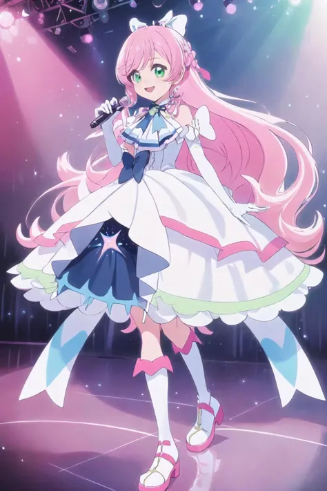 masterpiece, extremely detailed background, 1girl, solo, on the stage, singing, posing, pink and white dress with dark blue inner slip skirt, white gloves, light blue ribbon, pink and white boots, green eyes, pink long hair, smile, Cure Prism <lora:Cure Prism XL V1-000005:0.65> , <lora:SimplePositive_XL_v1_AutoRunMech:0.7>