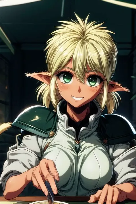 best quality, ultra-detailed, (1girl, solo,fam, blonde hair, (green eyes:1.5), pointy ears, Tanned, Tan Skin, Dark skin, Dark-skinned female, elf, long pointy ears, tail, Upper Teeth, Seductive Eyes, Scarf, lean on table, Brutal smile, Narrow eyes, Gebler-uniform dark background, ng_deepnegative_v1_75t, easynegative