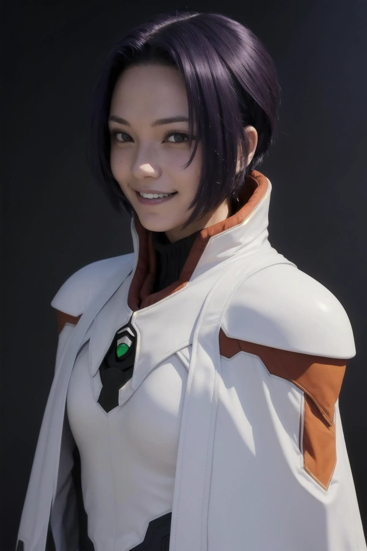 best quality, ultra-detailed, (1girl, solo, <lyco:miang-v1:1>,miang hawwa, gebler-uniform, Brutal smile, Narrow eyes), dark background