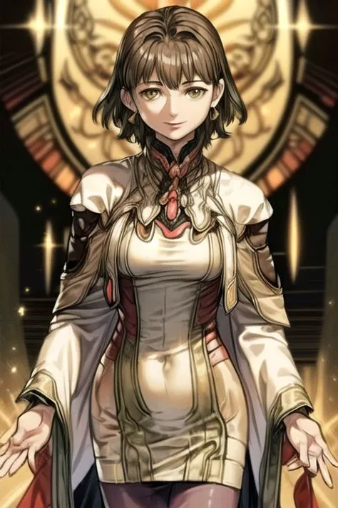 (masterpiece:1.1), (best quality:1.1), 1girl, Real light and shadow, anime face, 4k, 8k, wallpaper,epic, detail texture, masterpiece,best quality,intricate eyes,beautiful detailed eyes, Smiling, Upper teeth, Glowing Smile, (Brown eyes:1.5), ((((Brown hair:1.35, medium hair)))), (symmetrical eyes,big eyes:1.5, MiyukiItsumi, 1girl, solo, short hair, brown hair, dress, brown eye, black pantyhose, hands behind back, Gebler-Uniform, gebler-uniformUpper Body(((intricate outfit,intricate clothes, embroidered outfit,ornate outfit,embroidered clothes,ornate clothes)))<lora:Concept-control tool-add_detail-CyberAIchemist:0.8>,