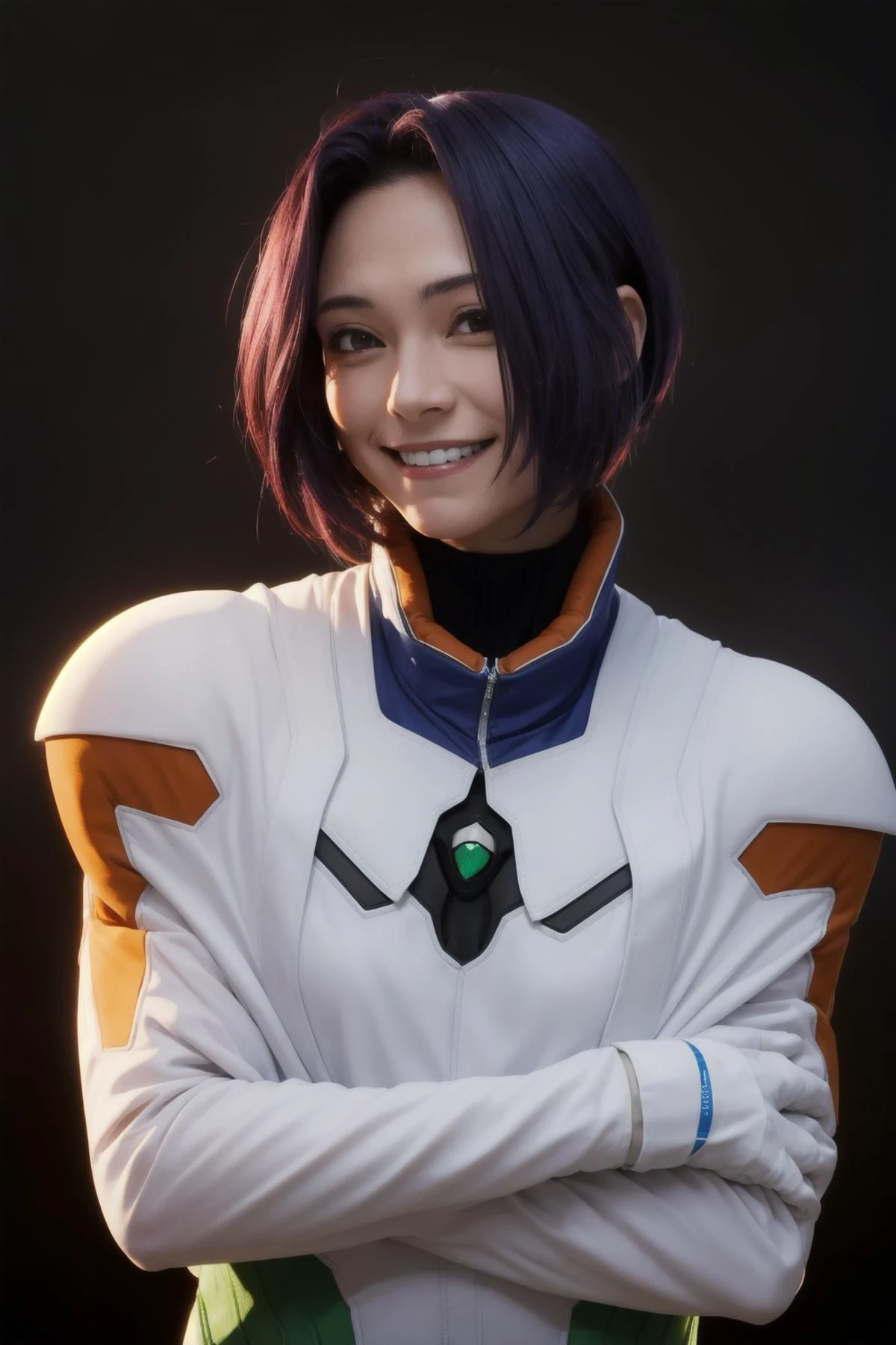 best quality, ultra-detailed, (1girl, solo, <lyco:miang-v1:1>,miang hawwa, gebler-uniform, Brutal smile, Narrow eyes), dark background