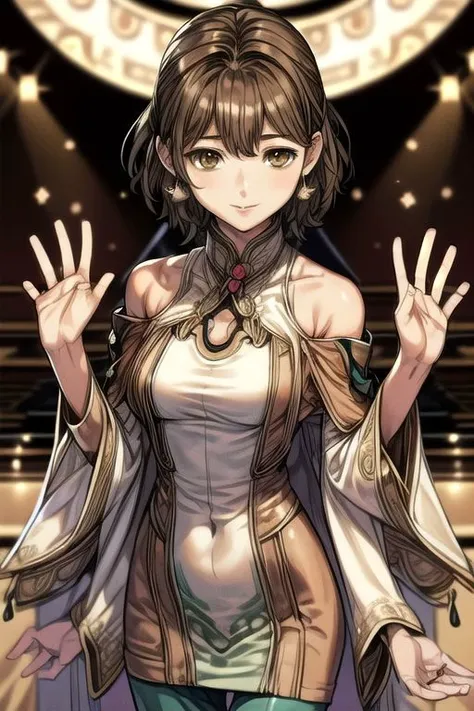 Miyuki Itsumi, (masterpiece:1.1), (best quality:1.1), 1girl, Real light and shadow, anime face, 4k, 8k, wallpaper,epic, detail texture, masterpiece,best quality,intricate eyes,beautiful detailed eyes, Smiling, Upper teeth, Smile, (Brown eyes:1.5), ((((Brown hair:1.35, medium hair)))), (symmetrical eyes,big eyes:1.5, MiyukiItsumi, 1girl, solo, short hair, brown hair, dress, brown eye, black pantyhose, Gebler-Uniform, gebler-uniformUpper Body(((intricate outfit,intricate clothes, embroidered outfit,ornate outfit,embroidered clothes,ornate clothes))), Dynamic Pose, <lora:Concept-control tool-add_detail-CyberAIchemist:0.8>, ultra-detailed,