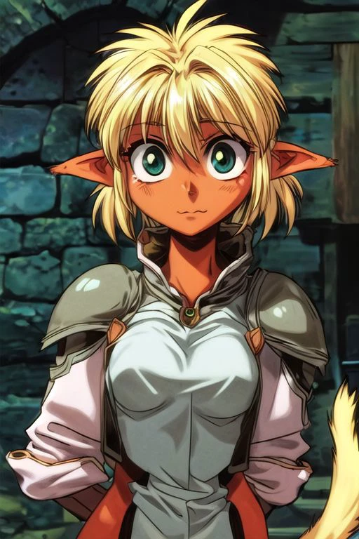 best quality, ultra-detailed, (1girl, solo,fam, blonde hair, (green eyes:1.5), pointy ears, dark skin, dark-skinned female, elf, long pointy ears, tail, Gebler-Uniform, Brutal smile, Narrow eyes), dark background, ng_deepnegative_v1_75t, easynegative