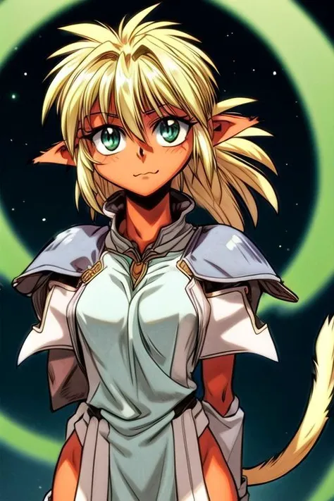 best quality, ultra-detailed, (1girl, solo,fam, blonde hair, (green eyes:1.5), pointy ears, dark skin, dark-skinned female, elf, long pointy ears, tail, Gebler-Uniform, Long Hair, Brutal smile, Narrow eyes), dark background, ng_deepnegative_v1_75t, easynegative
