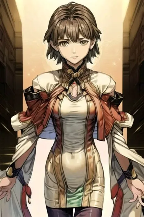 (masterpiece:1.1), (best quality:1.1), 1girl, Real light and shadow, anime face, 4k, 8k, wallpaper,epic, detail texture, masterpiece,best quality,intricate eyes,beautiful detailed eyes, Smiling, Upper teeth, Glowing Smile, (Brown eyes:1.5), ((((Brown hair:1.35, medium hair)))), (symmetrical eyes,big eyes:1.5, MiyukiItsumi, 1girl, solo, short hair, brown hair, dress, brown eye, black pantyhose, hands behind back, Gebler-Uniform, gebler-uniformUpper Body(((intricate outfit,intricate clothes, embroidered outfit,ornate outfit,embroidered clothes,ornate clothes)))<lora:Concept-control tool-add_detail-CyberAIchemist:0.8>,