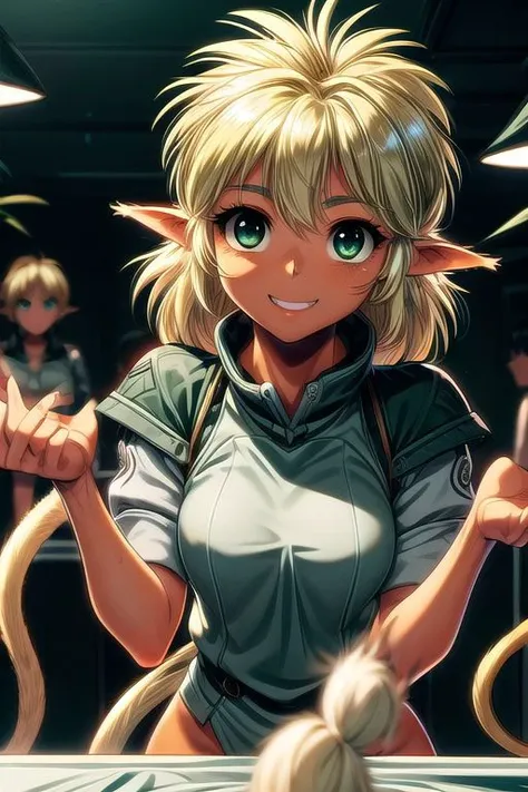 best quality, ultra-detailed, (1girl, solo,fam, blonde hair, (green eyes:1.5), pointy ears, Tanned, Tan Skin, Dark skin, Dark-skinned female, elf, long pointy ears, tail, Upper Teeth, Seductive Eyes, Winter Coat, Scarf, lean on table, Brutal smile, Narrow eyes, gebler-uniform dark background, ng_deepnegative_v1_75t, easynegative