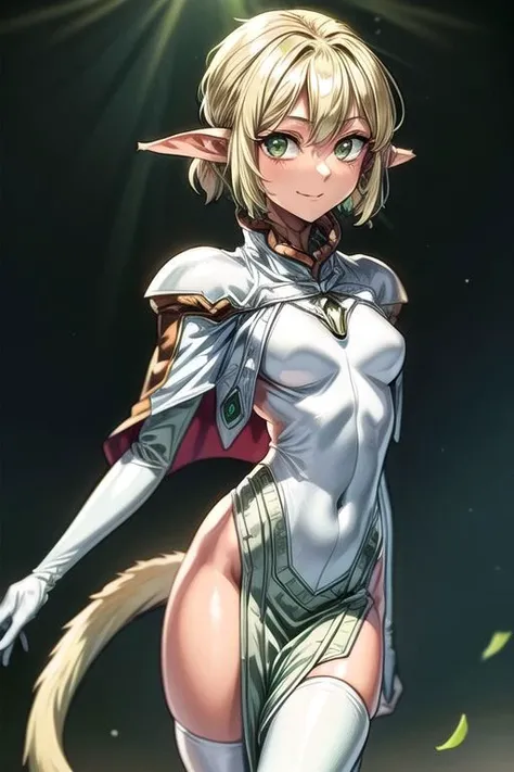 best quality, ultra-detailed, (1girl, solo,fam, blonde hair, (green eyes:1.5), pointy ears, dark skin, dark-skinned female, elf, long pointy ears, tail, Gebler-Uniform, Brutal smile, Narrow eyes), dark background, ng_deepnegative_v1_75t, easynegative