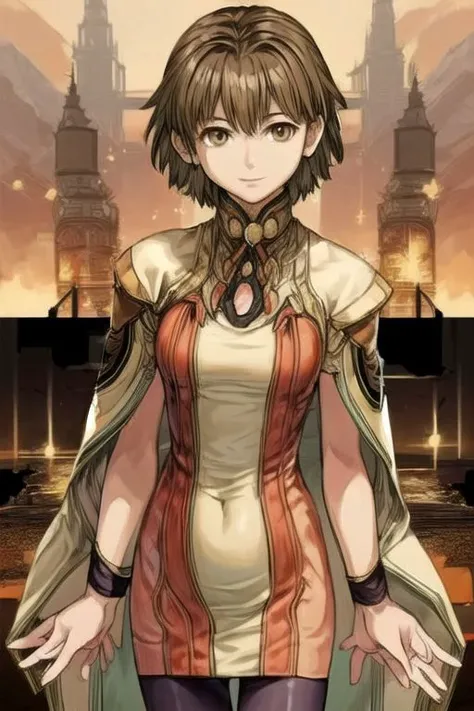 (masterpiece:1.1), (best quality:1.1), 1girl, Real light and shadow, anime face, 4k, 8k, wallpaper,epic, detail texture, masterpiece,best quality,intricate eyes,beautiful detailed eyes, Smiling, Upper teeth, Glowing Smile, (Brown eyes:1.5), ((((Brown hair:1.35, medium hair)))), (symmetrical eyes,big eyes:1.5, MiyukiItsumi, 1girl, solo, short hair, brown hair, dress, brown eye, black pantyhose, hands behind back, Gebler-Uniform, ,cowboy shot,dutch angle, (((intricate outfit,intricate clothes, embroidered outfit,ornate outfit,embroidered clothes,ornate clothes)))<lora:Concept-control tool-add_detail-CyberAIchemist:0.8>,