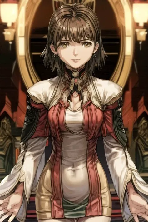 (masterpiece:1.1), (best quality:1.1), 1girl, Real light and shadow, anime face, 4k, 8k, wallpaper,epic, detail texture, masterpiece,best quality,intricate eyes,beautiful detailed eyes, Smiling, Upper teeth, Glowing Smile, (Brown eyes:1.5), ((((Brown hair:1.35, medium hair)))), (symmetrical eyes,big eyes:1.5, MiyukiItsumi, 1girl, solo, short hair, brown hair, dress, brown eye, black pantyhose, hands behind back, ,cowboy shot,dutch angle, (((intricate outfit,intricate clothes, embroidered outfit,ornate outfit,embroidered clothes,ornate clothes)))<lora:Concept-control tool-add_detail-CyberAIchemist:0.8>,
