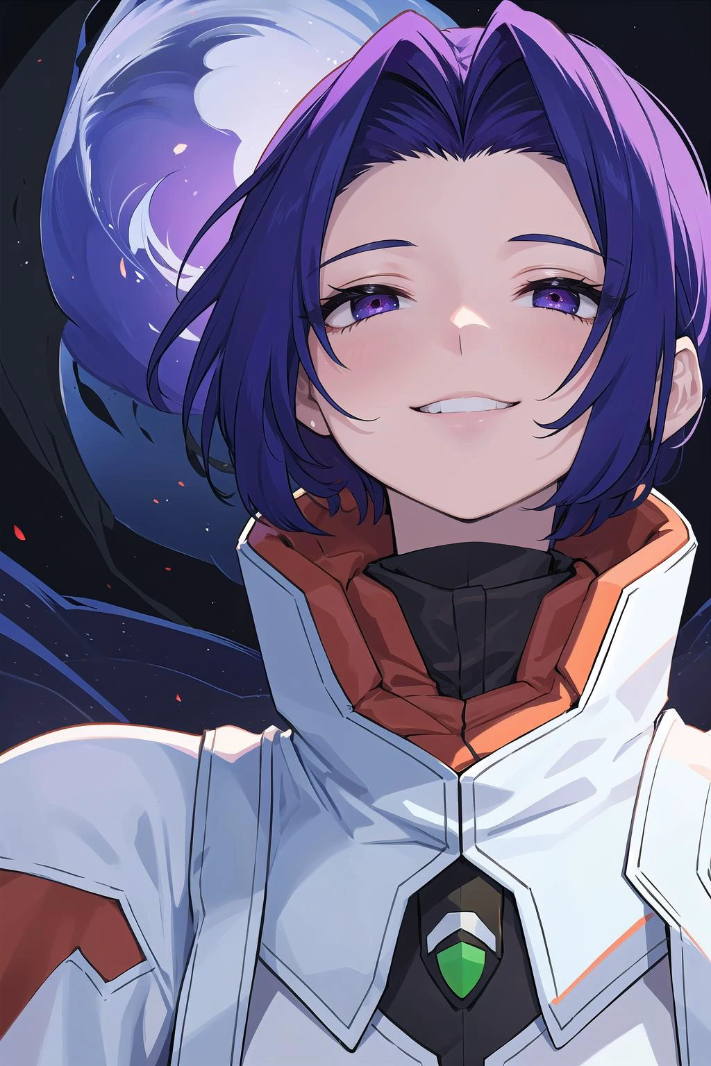 best quality, ultra-detailed, (1girl, solo, <lyco:miang-v1:1>,miang hawwa, gebler-uniform, Brutal smile, Narrow eyes), dark background