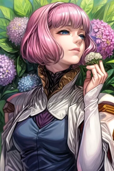 masterpiece, best quality, best quality, ultra-detailed, highres,sharp focus,(ultra detailed,extremely detailed), <lora:lemrina:1>,
lemrina vers envers, 1girl, solo, flower, dress, blue eyes, bob cut, short hair, pink hair, blunt bangs, smile, bangs, hydrangea,long sleeves, grass, upper body, (Gebler-uniform), high heels, (Brutal smile, Narrow eyes),