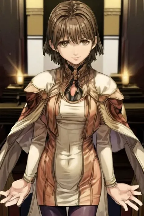 (masterpiece:1.1), (best quality:1.1), 1girl, Real light and shadow, anime face, 4k, 8k, wallpaper,epic, detail texture, masterpiece,best quality,intricate eyes,beautiful detailed eyes, Smiling, Upper teeth, Glowing Smile, (Brown eyes:1.5), ((((Brown hair:1.35, medium hair)))), (symmetrical eyes,big eyes:1.5, MiyukiItsumi, 1girl, solo, short hair, brown hair, dress, brown eye, black pantyhose, hands behind back, Gebler-Uniform, ,cowboy shot,dutch angle, (((intricate outfit,intricate clothes, embroidered outfit,ornate outfit,embroidered clothes,ornate clothes)))<lora:Concept-control tool-add_detail-CyberAIchemist:0.8>,