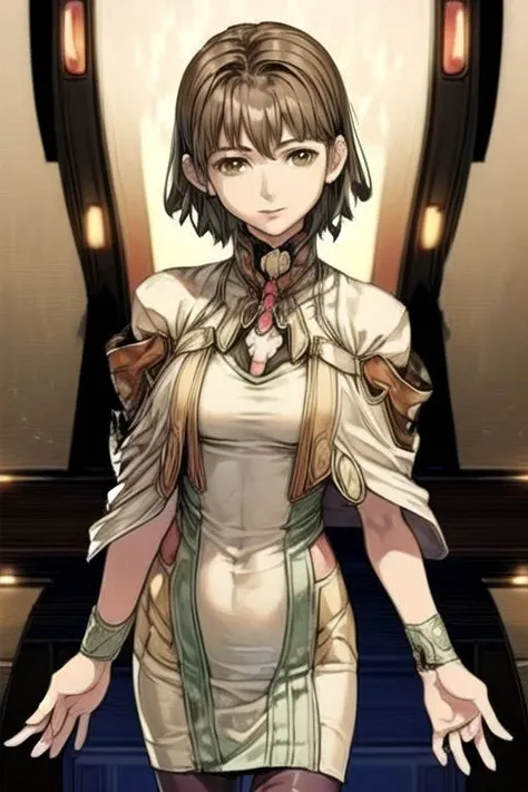 (masterpiece:1.1), (best quality:1.1), 1girl, Real light and shadow, anime face, 4k, 8k, wallpaper,epic, detail texture, masterpiece,best quality,intricate eyes,beautiful detailed eyes, Smiling, Upper teeth, Glowing Smile, (Brown eyes:1.5), ((((Brown hair:1.35, medium hair)))), (symmetrical eyes,big eyes:1.5, MiyukiItsumi, 1girl, solo, short hair, brown hair, dress, brown eye, black pantyhose, hands behind back, Gebler-Uniform, gebler-uniformUpper Body(((intricate outfit,intricate clothes, embroidered outfit,ornate outfit,embroidered clothes,ornate clothes)))<lora:Concept-control tool-add_detail-CyberAIchemist:0.8>,