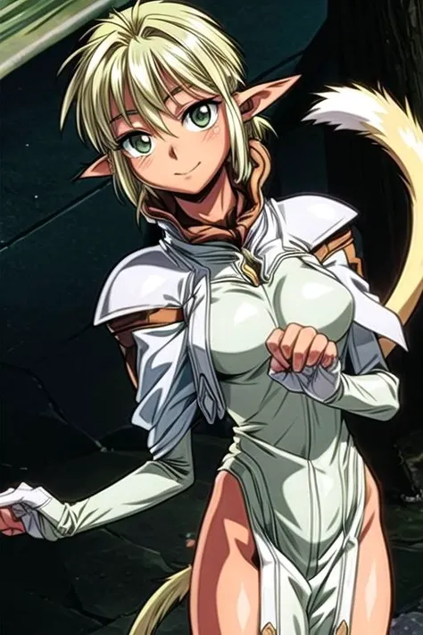 best quality, ultra-detailed, (1girl, solo,fam, blonde hair, (green eyes:1.5), pointy ears, dark skin, dark-skinned female, elf, long pointy ears, tail, Gebler-Uniform, Brutal smile, Narrow eyes), dark background, ng_deepnegative_v1_75t, easynegative