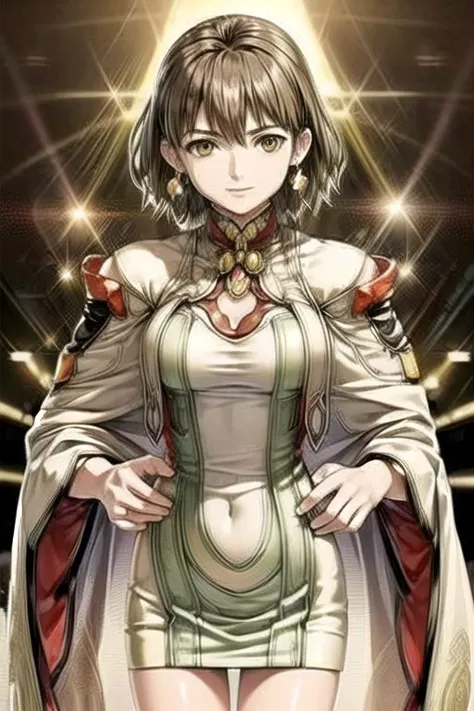 (masterpiece:1.1), (best quality:1.1), 1girl, Real light and shadow, anime face, 4k, 8k, wallpaper,epic, detail texture, masterpiece,best quality,intricate eyes,beautiful detailed eyes, Smiling, Upper teeth, Glowing Smile, (Brown eyes:1.5), ((((Brown hair:1.35, medium hair)))), (symmetrical eyes,big eyes:1.5, MiyukiItsumi, 1girl, solo, short hair, brown hair, dress, brown eye, black pantyhose, hands behind back, Gebler-Uniform, gebler-uniformUpper Body(((intricate outfit,intricate clothes, embroidered outfit,ornate outfit,embroidered clothes,ornate clothes)))<lora:Concept-control tool-add_detail-CyberAIchemist:0.8>, ultra-detailed,