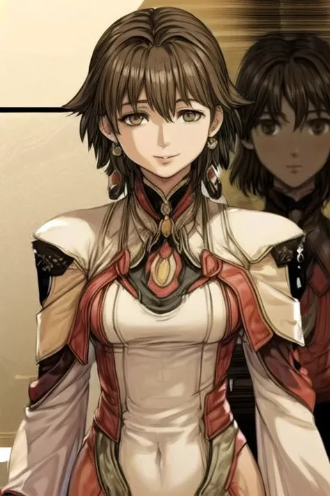 (masterpiece:1.1), (best quality:1.1), 1girl, Real light and shadow, anime face, 4k, 8k, wallpaper,epic, detail texture, masterpiece,best quality,intricate eyes,beautiful detailed eyes, Smiling, Upper teeth, Glowing Smile, (Brown eyes:1.5), ((((Brown hair:1.35, medium hair)))), (symmetrical eyes,big eyes:1.5, MiyukiItsumi, 1girl, solo, short hair, brown hair, dress, brown eye, black pantyhose, hands behind back, Gebler-Uniform, Upper Body(((intricate outfit,intricate clothes, embroidered outfit,ornate outfit,embroidered clothes,ornate clothes)))<lora:Concept-control tool-add_detail-CyberAIchemist:0.8>,