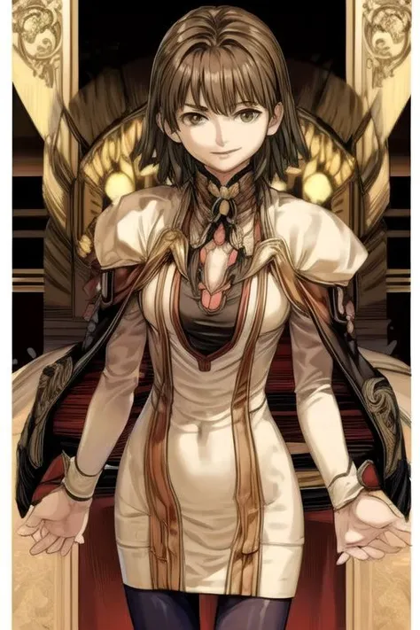 (masterpiece:1.1), (best quality:1.1), 1girl, Real light and shadow, anime face, 4k, 8k, wallpaper,epic, detail texture, masterpiece,best quality,intricate eyes,beautiful detailed eyes, Smiling, Upper teeth, Glowing Smile, (Brown eyes:1.5), ((((Brown hair:1.35, medium hair)))), (symmetrical eyes,big eyes:1.5, MiyukiItsumi, 1girl, solo, short hair, brown hair, dress, brown eye, black pantyhose, hands behind back, ,cowboy shot,dutch angle, (((intricate outfit,intricate clothes, embroidered outfit,ornate outfit,embroidered clothes,ornate clothes)))<lora:Concept-control tool-add_detail-CyberAIchemist:0.8>,