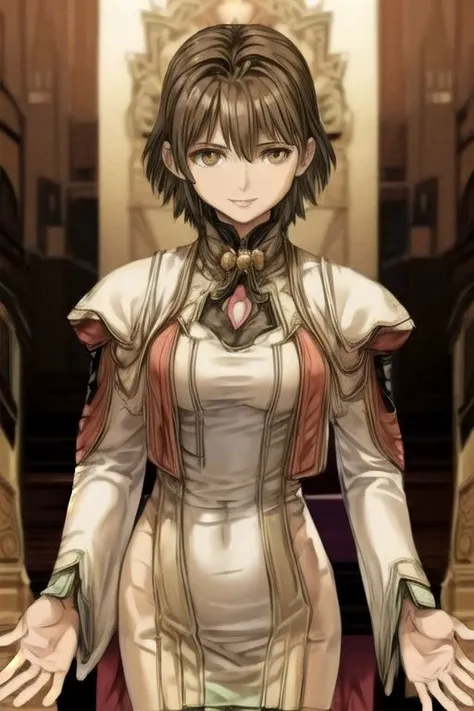 (masterpiece:1.1), (best quality:1.1), 1girl, Real light and shadow, anime face, 4k, 8k, wallpaper,epic, detail texture, masterpiece,best quality,intricate eyes,beautiful detailed eyes, Smiling, Upper teeth, Glowing Smile, (Brown eyes:1.5), ((((Brown hair:1.35, medium hair)))), (symmetrical eyes,big eyes:1.5, MiyukiItsumi, 1girl, solo, short hair, brown hair, dress, brown eye, black pantyhose, hands behind back, Gebler-Uniform, ,cowboy shot,dutch angle, (((intricate outfit,intricate clothes, embroidered outfit,ornate outfit,embroidered clothes,ornate clothes)))<lora:Concept-control tool-add_detail-CyberAIchemist:0.8>,