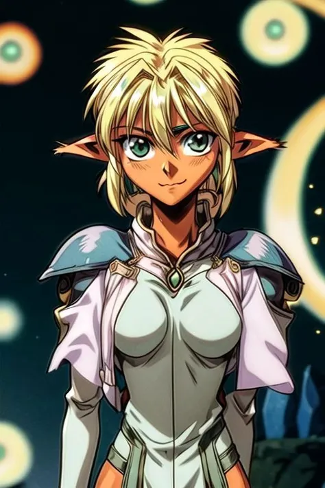 best quality, ultra-detailed, (1girl, solo,fam, blonde hair, (green eyes:1.5), pointy ears, dark skin, dark-skinned female, elf, long pointy ears, tail, Gebler-Uniform, Brutal smile, Narrow eyes), dark background, ng_deepnegative_v1_75t, easynegative