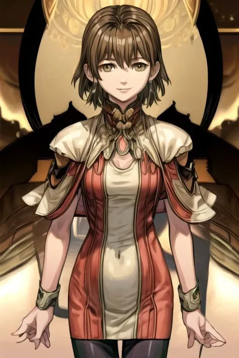 (masterpiece:1.1), (best quality:1.1), 1girl, Real light and shadow, anime face, 4k, 8k, wallpaper,epic, detail texture, masterpiece,best quality,intricate eyes,beautiful detailed eyes, Smiling, Upper teeth, Glowing Smile, (Brown eyes:1.5), ((((Brown hair:1.35, medium hair)))), (symmetrical eyes,big eyes:1.5, MiyukiItsumi, 1girl, solo, short hair, brown hair, dress, brown eye, black pantyhose, hands behind back, ,cowboy shot,dutch angle, (((intricate outfit,intricate clothes, embroidered outfit,ornate outfit,embroidered clothes,ornate clothes)))<lora:Concept-control tool-add_detail-CyberAIchemist:0.8>,