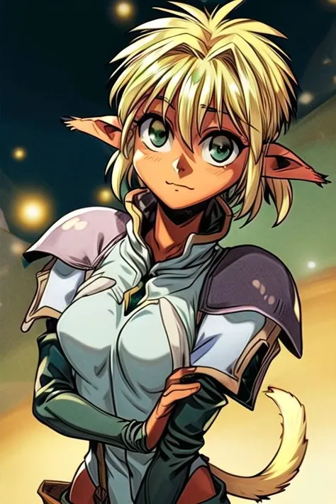 best quality, ultra-detailed, (1girl, solo,fam, blonde hair, (green eyes:1.5), pointy ears, dark skin, dark-skinned female, elf, long pointy ears, tail, Gebler-Uniform, Brutal smile, Narrow eyes), dark background, ng_deepnegative_v1_75t, easynegative