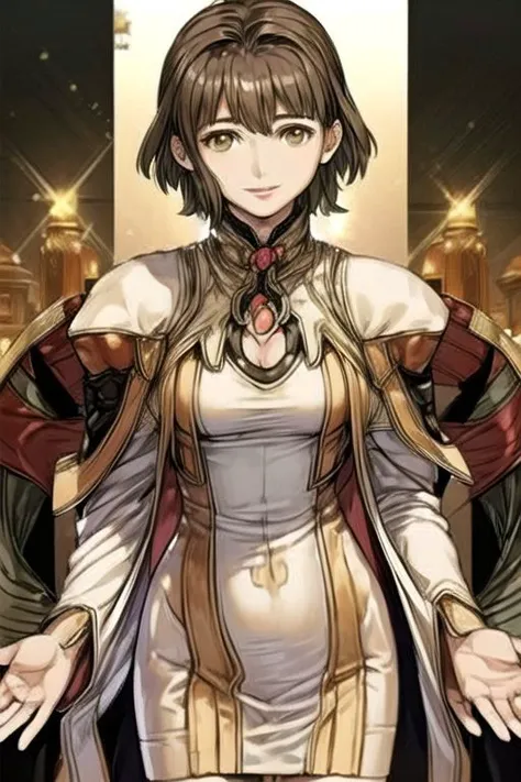 (masterpiece:1.1), (best quality:1.1), 1girl, Real light and shadow, anime face, 4k, 8k, wallpaper,epic, detail texture, masterpiece,best quality,intricate eyes,beautiful detailed eyes, Smiling, Upper teeth, Glowing Smile, (Brown eyes:1.5), ((((Brown hair:1.35, medium hair)))), (symmetrical eyes,big eyes:1.5, MiyukiItsumi, 1girl, solo, short hair, brown hair, dress, brown eye, black pantyhose, hands behind back, Gebler-Uniform, gebler-uniformUpper Body(((intricate outfit,intricate clothes, embroidered outfit,ornate outfit,embroidered clothes,ornate clothes)))<lora:Concept-control tool-add_detail-CyberAIchemist:0.8>,