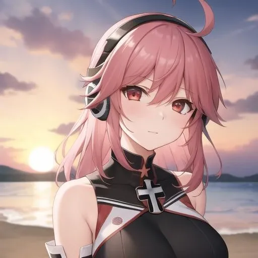 (masterpiece, best quality:1.2),illustration,8k,hd,beautiful purple sunset at beach,1girl,solo,upper body,(portrait:1.2),tirpitz (warship girls r),pink hair,thighhighs,headphones,red eyes,cross,iron cross,long hair,ahoge,detached sleeves,large breasts,bare shoulders,shorts,<lora:Tirpitz(KanR)>,