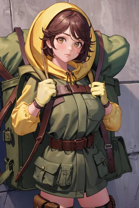 masterpiece, best quality, 1girl, solo, <lora:silky-lo-richy-v1:1> silkydef, hood, pouch, belt, strap, bag, backpack, gloves