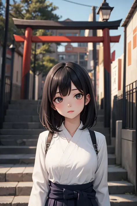 (masterpiece), best quality, high resolution, highly detailed, detailed background, perfect lighting, portrait, 1girl, miko, medium hair, black hair, medium breasts, (red hakama), torii, stone stairs, (head tilt:0.85), matte painting, visually stunning, bokeh, <lora:GoodHands-vanilla:0.7>,<lora:LECO_LessWakiMiko:1>