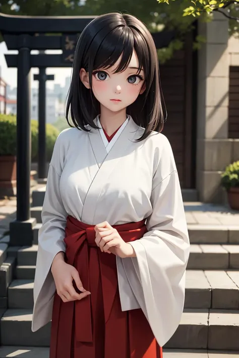 (masterpiece), best quality, high resolution, highly detailed, detailed background, perfect lighting, portrait, 1girl, miko, medium hair, black hair, medium breasts, (red hakama), torii, stone stairs, (head tilt:0.85), matte painting, visually stunning, bokeh, <lora:GoodHands-vanilla:0.7>,<lora:LECO_LessWakiMiko:1>