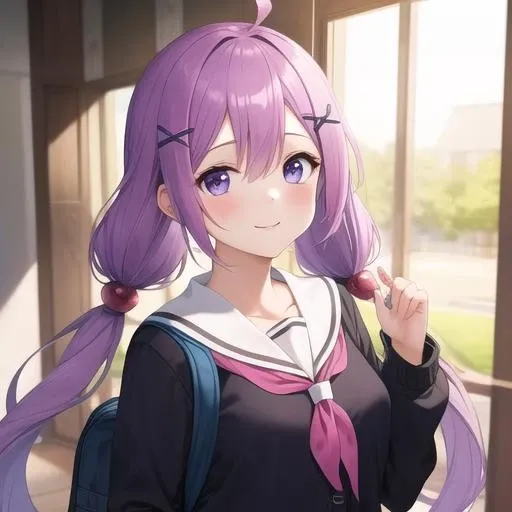 (masterpiece, best quality:1.2),illustration,8k,hd,1girl,solo,upper body,(portrait:1.2),blush,fringe,smile,purple eyes,purple hair,pleated skirt,low twintails,uniform,miniskirt,pantyhose,serafuku,smartphone,cardigan,backpack,white pantyhose,anchor symbol,trinket,hair between eyes,payot,ahoge,very long hair,hair ornament,x hair ornament,loafers,<lora:Unicorn(azur)>