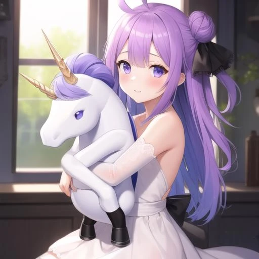 (masterpiece, best quality:1.2),illustration,8k,hd,1girl,solo,stuffed toy,object hug,purple eyes,white dress,stuffed animal,purple hair,hair bun,stuffed winged unicorn,single hair bun,looking at viewer,ahoge,ribbon,one side up,detached sleeves,hair ribbon,white thighhighs,single side bun,bow,blush,black bow,bare shoulders,very long hair,bangs,black ribbon,<lora:Unicorn(azur)>,