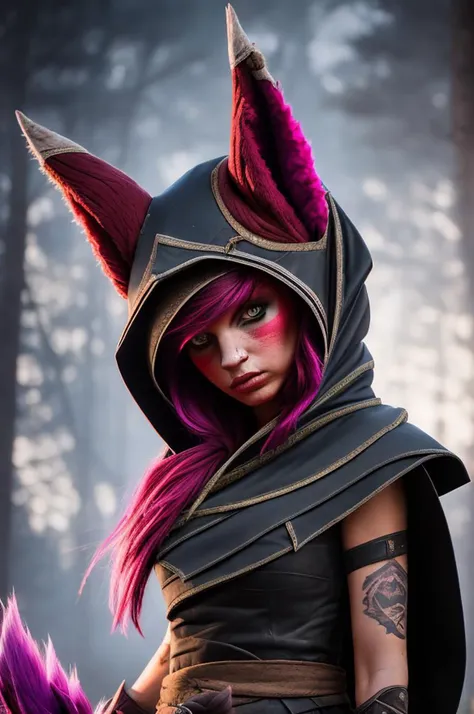 xayah, 1girl, angry, animal ears, transcendent, bandages, pierced nose, hood, hood down, hooded cloak,