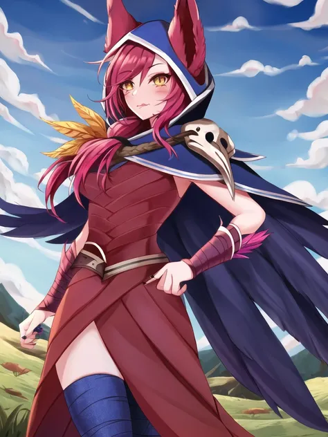 grass, sky, field, xayah, league of legends, 1girl, animal ears, bandaged leg, thighhighs, bandages, belt, bird legs, bird skull, cloak, closed mouth, ears through headwear, eyes visible through hair, facial mark, feathers, hood, hood up, hooded cloak, long hair, yellow eyes, red hair, talons, vambraces, blue capelet, cape, capelet, hair over shoulder, hooded capelet, red dress, dress, nose ring, nose piercing <lora:xayah-000036:1>