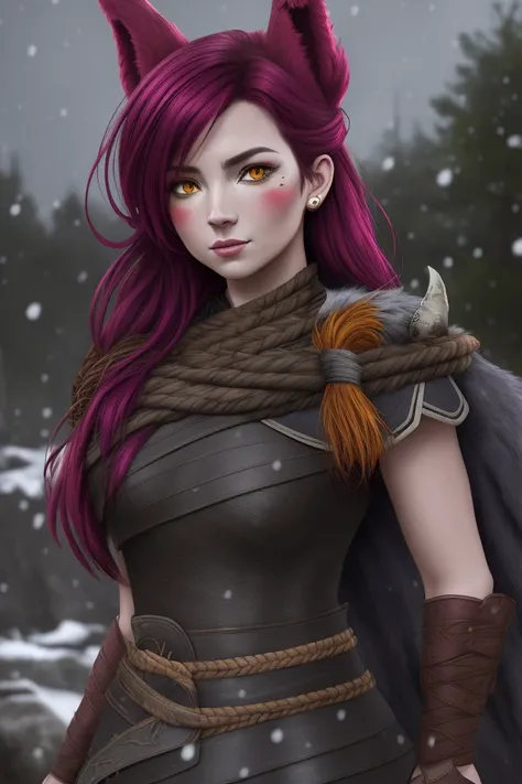Xayah,old norse female viking clothes, snowy weather, grey sky, animal ears, yellow eyes, pierced nose, portrait, stunning, hair over shoulder, hoodless, beautiful, 4k,