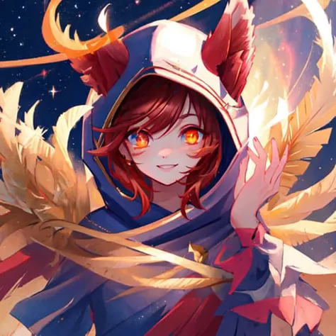 ((portrait of face)), face, night sky, space, stars, field, xayah, league of legends, 1girl , animal ears, ears through headwear, ((bright vibrant glowing gold eyes)), facial marks, face tattoos, feathers, hood, hooded, hood up, hooded cloak, red hair, crimson hair, furry ears, night sky in the background with bright white stars, large bright white stars in the background, outer space, ((galaxy)) in background, smiling, vibrant, watercolor <lora:xayah:1>