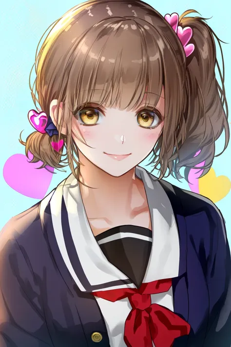 ichigestyle, 1girl, solo, brown hair, heart, hair ornament, school uniform, side ponytail, smile, looking at viewer, neckerchief, upper body, heart hair ornament, cardigan, sailor collar, serafuku, black sailor collar, bangs, yellow eyes, closed mouth, long hair, brown eyes, purple neckerchief, striped background, collarbone, striped, polka dot, star (symbol)