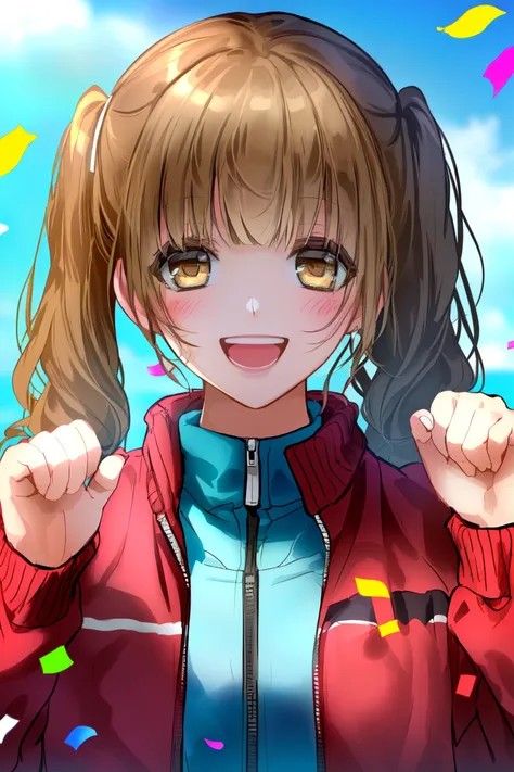 ichigestyle, 1girl, solo, confetti, open mouth, twintails, smile, brown eyes, looking at viewer, jacket, long hair, brown hair, upper body, blush, bangs, low twintails, hands up, teeth, shirt, track jacket, open jacket