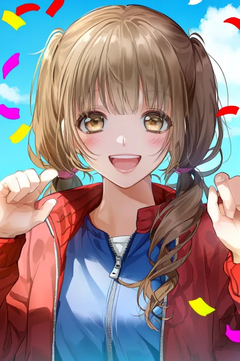 ichigestyle, 1girl, solo, confetti, open mouth, twintails, smile, brown eyes, looking at viewer, jacket, long hair, brown hair, upper body, blush, bangs, low twintails, hands up, teeth, shirt, track jacket, open jacket