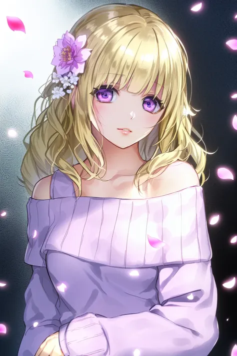 ichigestyle, 1girl, solo, petals, hair ornament, blonde hair, flower, looking at viewer, hair flower, upper body, pink eyes, off shoulder, parted lips, bare shoulders, long sleeves, floral background, bangs, sleeves past wrists, purple eyes, long hair, sweater